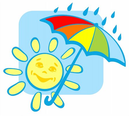 sun protection cartoon - Ornate happy sun and umbrella on a blue sky background. Stock Photo - Budget Royalty-Free & Subscription, Code: 400-04518347