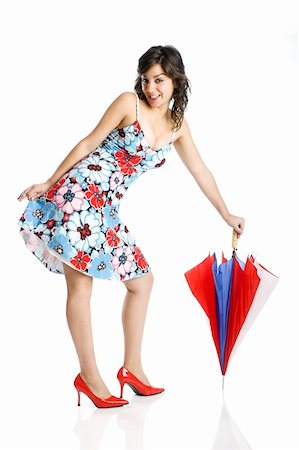 simsearch:400-04322097,k - Portrait of a young happy woman posing with an umbrella (isolated on white) Stock Photo - Budget Royalty-Free & Subscription, Code: 400-04518851