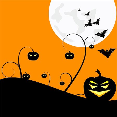 spooky field - warm Halloween background with pumpkins and bats under a big bright moon Photographie de stock - Aubaine LD & Abonnement, Code: 400-04519719