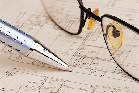 simsearch:400-06080922,k - pen and glasses over a blueprint Stock Photo - Budget Royalty-Free & Subscription, Code: 400-04510927