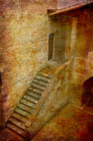 simsearch:400-05071947,k - Artistic work of my own in retro style - Postcard from Italy. - Palazzo Communale San Gimignano - Tuscany. Foto de stock - Super Valor sin royalties y Suscripción, Código: 400-04512320