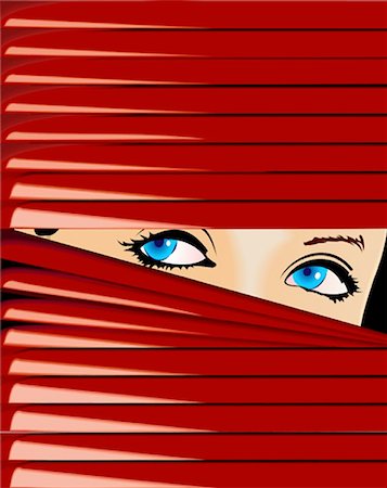 Blue-Eyed Girl Looks Because Of Red Jalousie. Foto de stock - Super Valor sin royalties y Suscripción, Código: 400-04526775