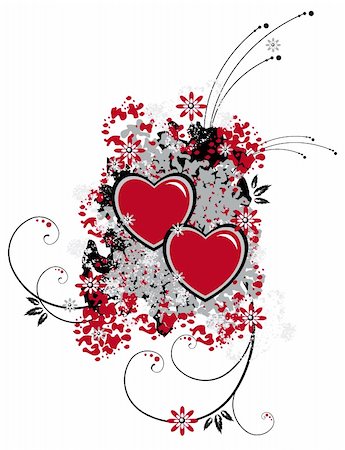 simsearch:400-04274489,k - Floral pattern with two hearts on a white background. The illustration is executed in grey, black and red colors. Stock Photo - Budget Royalty-Free & Subscription, Code: 400-04526792