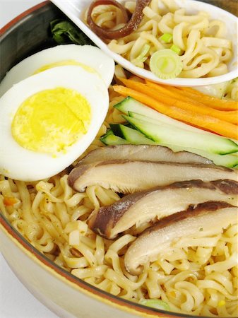 A bowl of ramen soup topped with a hard boiled egg, vegetables, shiitake mushroom, and wood ear fungus. Stock Photo - Budget Royalty-Free & Subscription, Code: 400-04527206