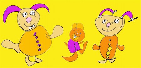 simsearch:400-05296665,k - Childs Drawing of the happy family of Rabbits against the yellow background Fotografie stock - Microstock e Abbonamento, Codice: 400-04527549
