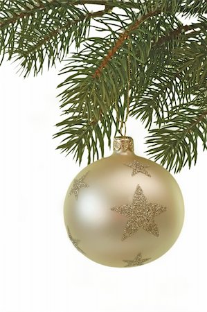 White christmas glitter ball hanging on a fir branch Photographie de stock - Aubaine LD & Abonnement, Code: 400-04520027