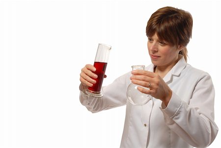 cute young lady scientist in white coat, holding flask and red liquid, isolated on white Stock Photo - Budget Royalty-Free & Subscription, Code: 400-04522609