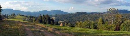 forest path panorama - Mountain evening panorama view with earth road, haystackes and country estate (Slavske village outskirts, Carpathian Mts, Ukraine). Nine shots composite picture. Stock Photo - Budget Royalty-Free & Subscription, Code: 400-04534181