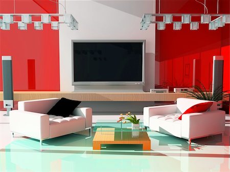 elegant tv room - Modern interior 3d image Foto de stock - Super Valor sin royalties y Suscripción, Código: 400-04535142