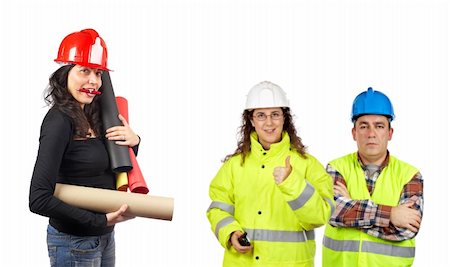 Three construction workers over a white background. Focus at front Stock Photo - Budget Royalty-Free & Subscription, Code: 400-04535955