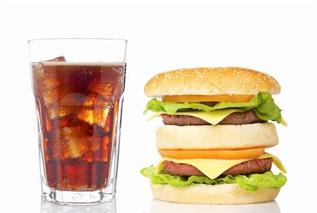 double cheeseburger - Double cheeseburger and soda glass, reflected on white background Stock Photo - Budget Royalty-Free & Subscription, Code: 400-04536774