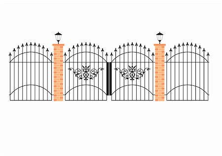 illustration of elegant wrought iron gates with brick pillars and lamps Stock Photo - Budget Royalty-Free & Subscription, Code: 400-04537112
