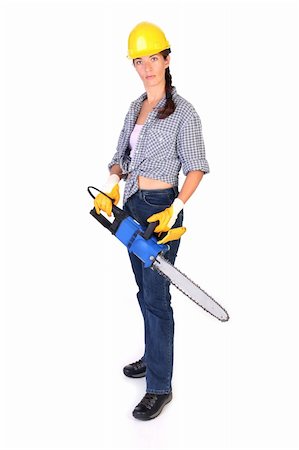 simsearch:400-04364349,k - Beauty woman with chainsaw on white background Stock Photo - Budget Royalty-Free & Subscription, Code: 400-04537691