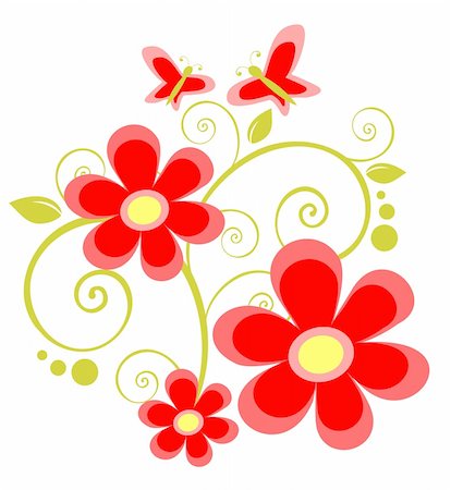 Cartoon red flowers and butterflies on a white background. Stock Photo - Budget Royalty-Free & Subscription, Code: 400-04538862