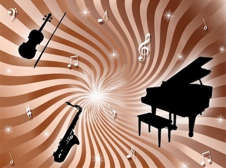 simsearch:400-04593971,k - Sunburst background with musical instruments, notes and stars Photographie de stock - Aubaine LD & Abonnement, Code: 400-04530975