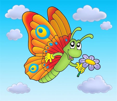 simsearch:400-04235844,k - Butterfly with flower on blue sky - color illustration. Photographie de stock - Aubaine LD & Abonnement, Code: 400-04531873