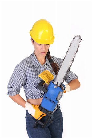 simsearch:400-04364349,k - Beauty woman with chainsaw on white background Stock Photo - Budget Royalty-Free & Subscription, Code: 400-04532120