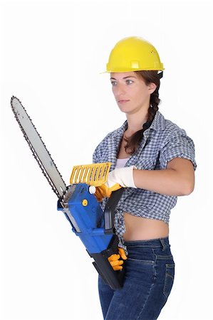 simsearch:400-04364349,k - Beauty woman with chainsaw on white background Stock Photo - Budget Royalty-Free & Subscription, Code: 400-04532122