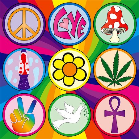 Nine 60s icons on a rainbow background on three layers for easy separation and editing Stock Photo - Budget Royalty-Free & Subscription, Code: 400-04532266
