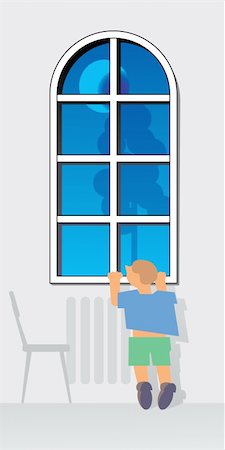 Window at evening. Moon and tree outside. Small boy is waiting and traying to look thru window. Stock Photo - Budget Royalty-Free & Subscription, Code: 400-04532411