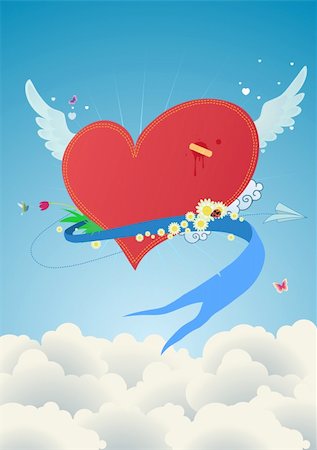 simsearch:400-04661261,k - Cool funky red heart flying above the clouds. Great for Valentines Day and wedding postcards Stock Photo - Budget Royalty-Free & Subscription, Code: 400-04532687