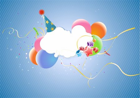 posters with ribbon banner - Colorful Party Balloons, Stars, party hat and Confetti - great for Invitation card for birthdays, anniversary and parties. Stock Photo - Budget Royalty-Free & Subscription, Code: 400-04532693