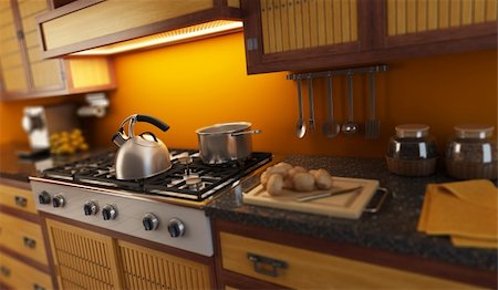 simsearch:400-08315056,k - 3d rendering close-up view of modern kitchen with small depth of field Fotografie stock - Microstock e Abbonamento, Codice: 400-04544232