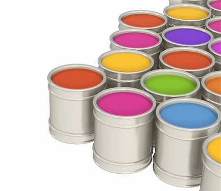falling paint bucket - Multi-coloured paints in metal banks Stock Photo - Budget Royalty-Free & Subscription, Code: 400-04546793