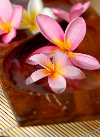 simsearch:400-05663148,k - Frangipani and plumerias and black massage stones placed on bamboo mate at spa. Photographie de stock - Aubaine LD & Abonnement, Code: 400-04546868