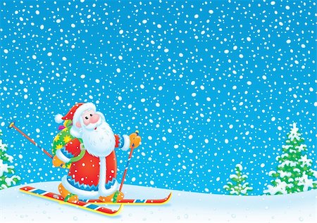 santa claus ski - High resolution image (created in Photo Shop) for Christmas design, holiday card and wallpaper Stock Photo - Budget Royalty-Free & Subscription, Code: 400-04549474