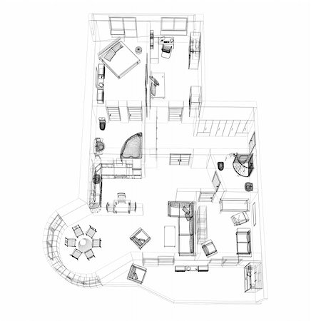 sketching idea - 3d sketch of a four-room apartment. Object over white Stock Photo - Budget Royalty-Free & Subscription, Code: 400-04549961