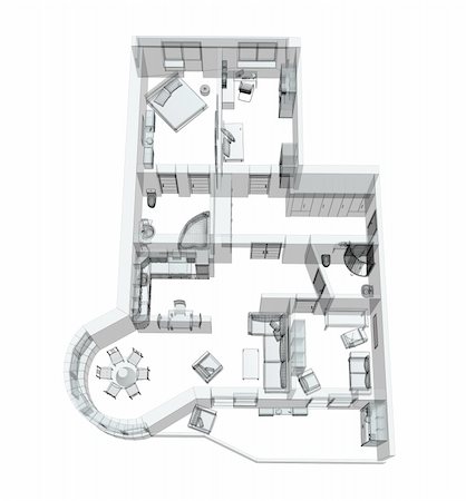 sketching idea - 3d sketch of a four-room apartment. Object over white Stock Photo - Budget Royalty-Free & Subscription, Code: 400-04549962