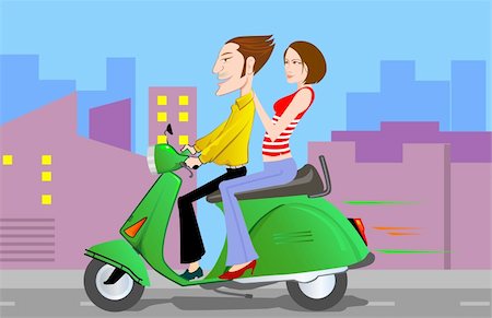 driving scooter women - Illustration of man and lady riding in a scooter Stock Photo - Budget Royalty-Free & Subscription, Code: 400-04542976
