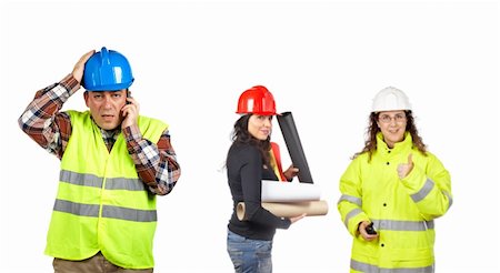Three construction workers talking with a walkie talkie over a white background. Focus at front Stock Photo - Budget Royalty-Free & Subscription, Code: 400-04543080
