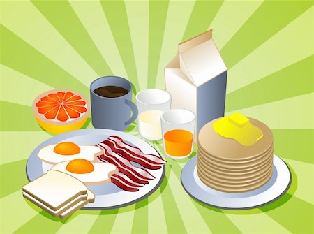 eggs milk - Complete breakfast with bacon pancakes coffee milk Stock Photo - Budget Royalty-Free & Subscription, Code: 400-04543887