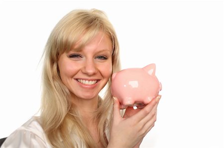 Woman smiling at camera with Piggy Bank 2 Stock Photo - Budget Royalty-Free & Subscription, Code: 400-04554970