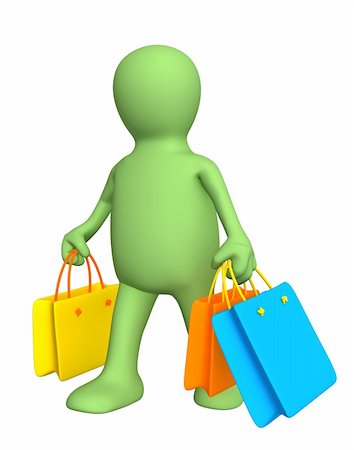 shopaholic (male) - 3d person - puppet, carrying packages with purchases. Objects over white Stock Photo - Budget Royalty-Free & Subscription, Code: 400-04556809