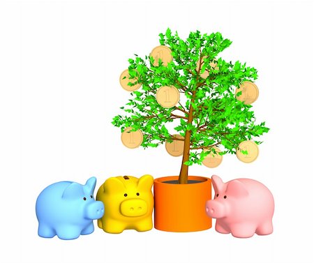 simsearch:400-04557458,k - Three pigs of a coin box, worth around of a gold-bearing tree. Objects over white Photographie de stock - Aubaine LD & Abonnement, Code: 400-04557458
