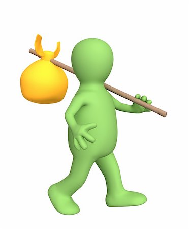 simsearch:400-04557469,k - 3d traveller - puppet, carrying bag on a stick. Objects over white Stock Photo - Budget Royalty-Free & Subscription, Code: 400-04557469