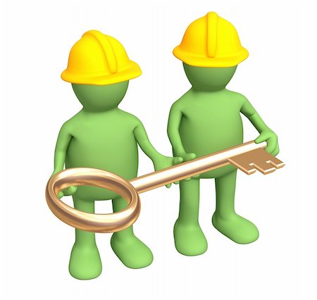 simsearch:400-04526804,k - Two builders - puppets, holding in hands a gold key. Objects over white Stockbilder - Microstock & Abonnement, Bildnummer: 400-04557463