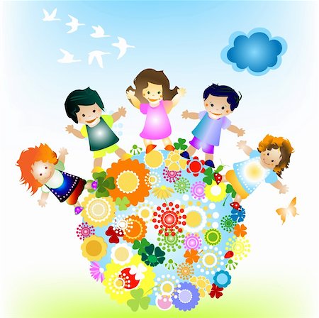 simsearch:400-05913273,k - kids and planet; joyful illustration with planet earth, happy children and colorful flowers Fotografie stock - Microstock e Abbonamento, Codice: 400-04557929