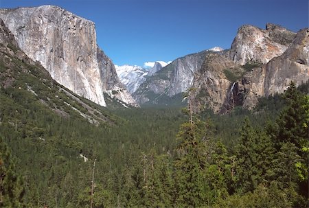 Tunnel View, within Yosemite National Park, is a viewpoint on State Route 41 located directly east of the Wawona Tunnel as one enters Yosemite Valley from the South. The view looks east into Yosemite Valley including the southwest face of El Capitan, Half Dome, and Bridalveil Falls. This is, to many, the first views of the popular attractions in Yosemite. Many cars stop right outside of the tunnel Photographie de stock - Aubaine LD & Abonnement, Code: 400-04557946