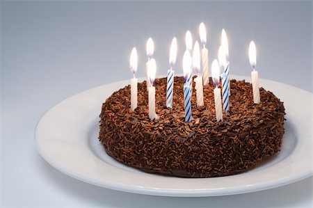 selectphoto (artist) - Chocolate Birthday Cake with lit candles on a white plate Stock Photo - Budget Royalty-Free & Subscription, Code: 400-04558231