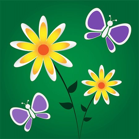 simsearch:400-07674888,k - Graphic illustration of yellow and white flowers and purple butterflies against a dark green gradient background. Fotografie stock - Microstock e Abbonamento, Codice: 400-04558445