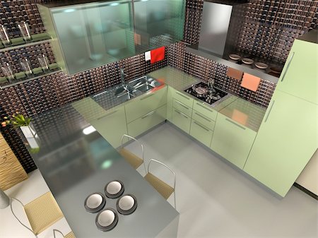splashback - the modern kitchen interior design (3D rendering) Stock Photo - Budget Royalty-Free & Subscription, Code: 400-04558620