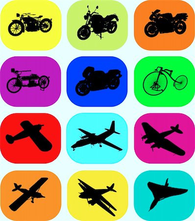 Vector motorbike and airplane icons on a colorful background Stock Photo - Budget Royalty-Free & Subscription, Code: 400-04559716