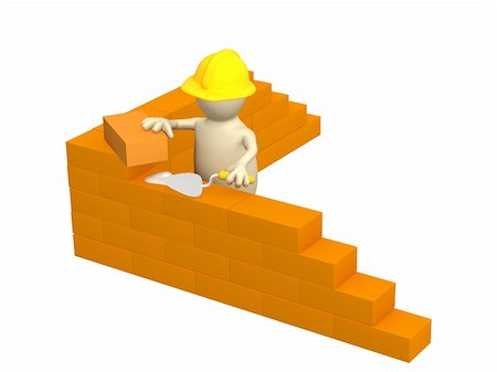 3d puppet - builder, building a brick wall. Object over white Stockbilder - Microstock & Abonnement, Bildnummer: 400-04550272