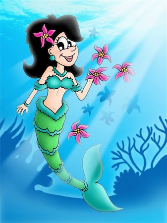 fantasy fish art - Dark hair mermaid with flowers - color illustration. Stock Photo - Budget Royalty-Free & Subscription, Code: 400-04552573