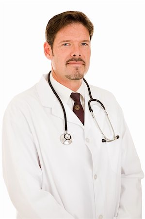 Portrait of a handsome, trustworthy doctor in a white lab coat.  Isolated on white. Stock Photo - Budget Royalty-Free & Subscription, Code: 400-04552601