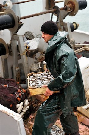 Young fisherman, on board a trawler boat and  under rainy weather, carrying a wooden box full of small fish Stock Photo - Budget Royalty-Free & Subscription, Code: 400-04553449